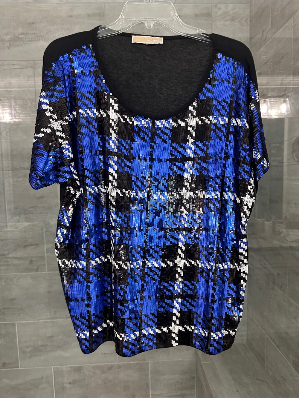 Michael Kors Blue, Black & White Sequin Plaid Scoop Neck Top